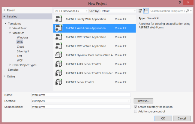 Screenshot del riquadro del nuovo modello di progetto, che mostra le opzioni di menu disponibili per la creazione del nuovo modulo applicazione web A S P dot NET.
