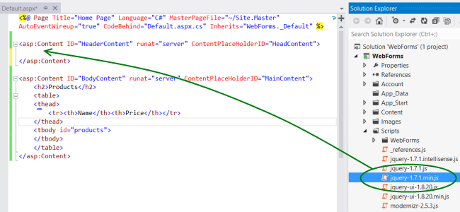 Screenshot delle finestre esplora soluzioni e editor di codice, usando una freccia verde per mostrare dove rilasciare lo script nel codice.