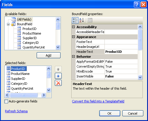 Gestire i campi Bound di GridView tramite la finestra di dialogo per modificare le colonne