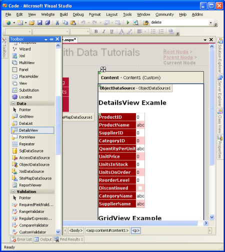 Aggiungi un DetailsView alla pagina e collegalo a ObjectDataSource