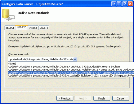 Configurare ObjectDataSource per utilizzare l'overload UpdateProduct appena creato