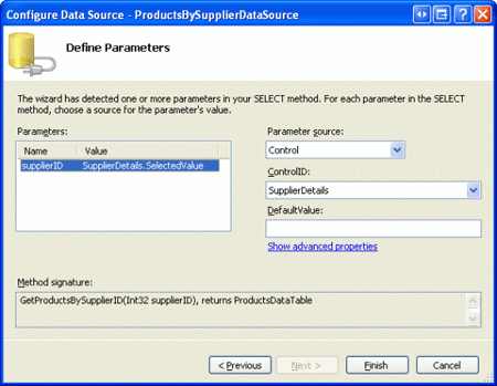 Usare la proprietà SelectedValue di SuppliersDetails DetailsView come origine parametro