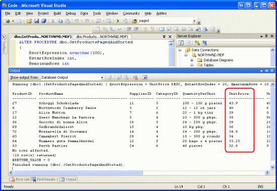 I risultati della stored procedure vengono visualizzati nella finestra di output