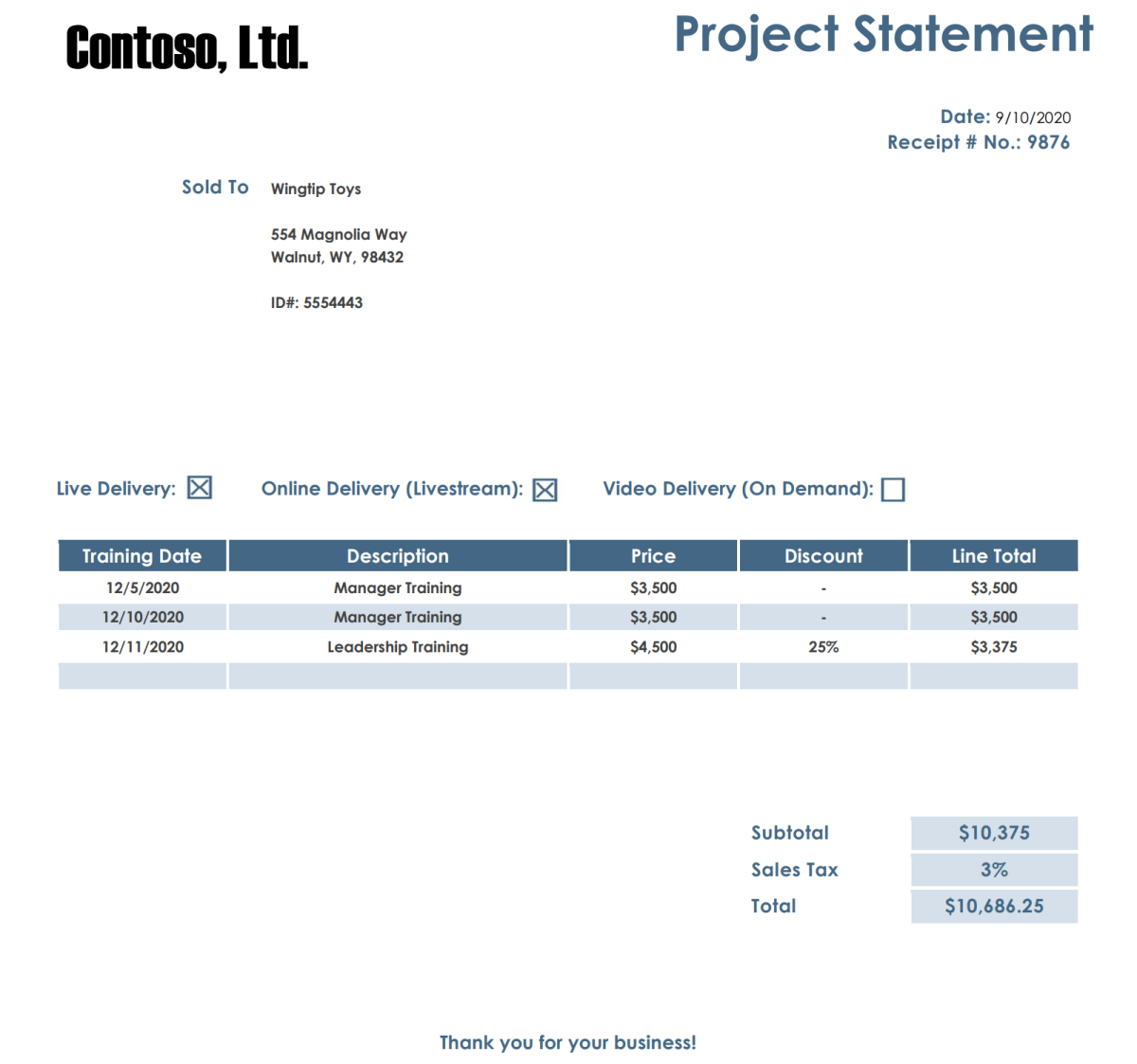 Documento di dichiarazione del progetto Contoso con una tabella.