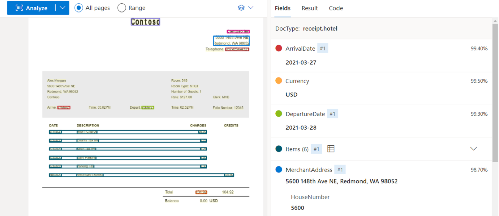 Screenshot che mostra l'analisi del modello di ricevuta tramite Document Intelligence Studio.