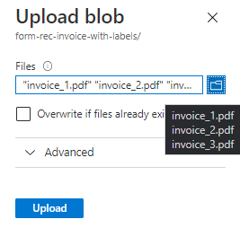 Screenshot che mostra il riquadro Carica BLOB nel portale di Azure.