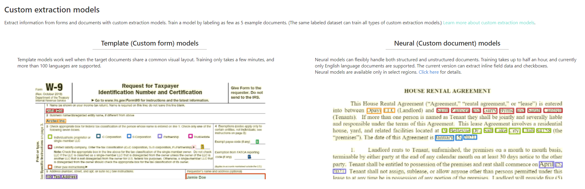 Screenshot che mostra l'analisi personalizzata del modello di estrazione in Document Intelligence Studio.