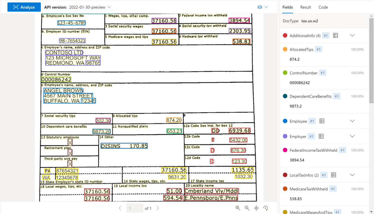 Screenshot che mostra un documento W-2 di esempio.