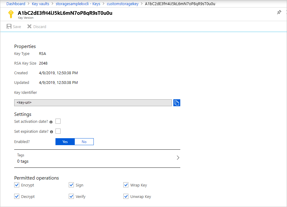 Screenshot della pagina del portale di Azure per una versione chiave. La casella Identificatore chiave contiene un segnaposto per un URI di chiave.