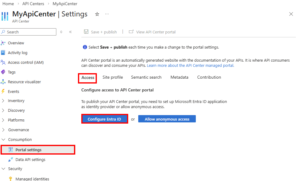Screenshot che mostra la configurazione di Entra ID nel portale.