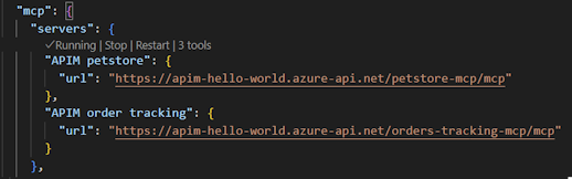Screenshot dei server MCP configurati in Visual Studio Code.