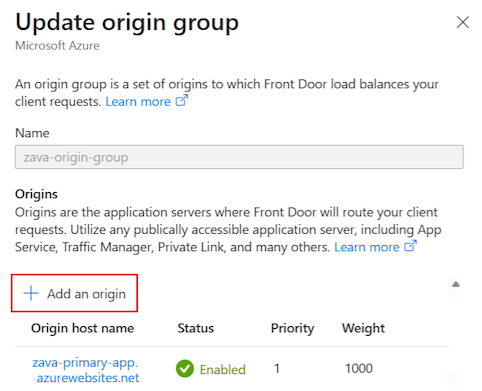 Screenshot che illustra come riaggiungere uno slot di origine di Frontdoor di Azure.