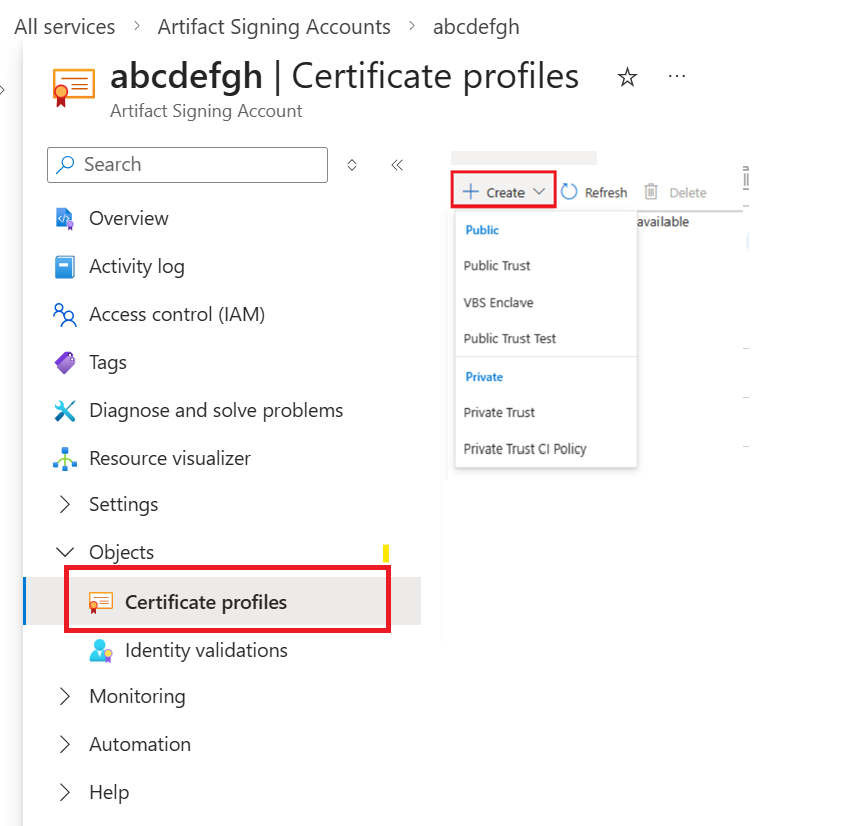 Screenshot che mostra i tipi di profilo del certificato di firma dell'artefatto tra cui scegliere.