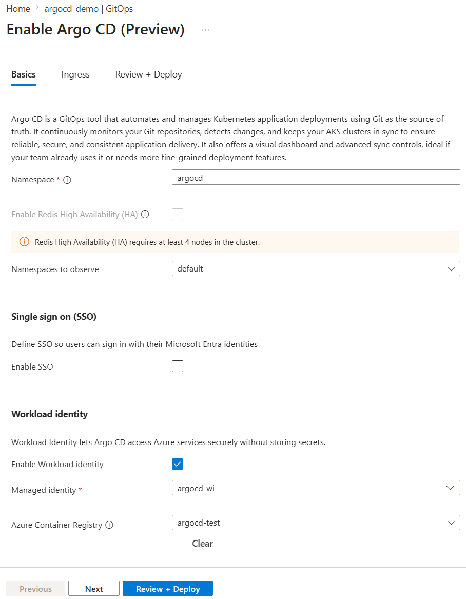 Screenshot che mostra la scheda Informazioni di base con le opzioni per abilitare Argo CD in un cluster nel portale di Azure.