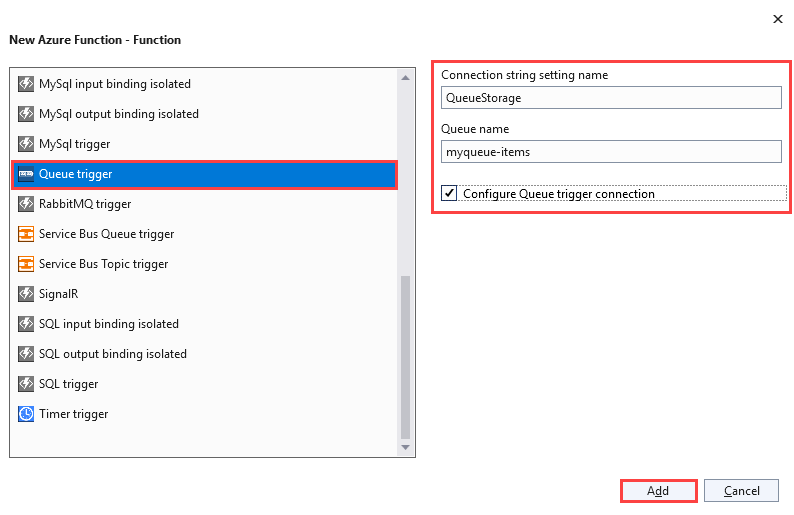 Screenshot della finestra di dialogo Nuova funzione di Azure per un trigger di coda, con il nome della stringa di connessione impostato su QueueStorage e la coda su myqueue-items.