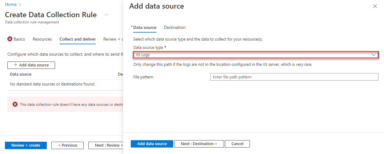 Screenshot che mostra il modulo del portale di Azure per selezionare i contatori delle prestazioni di base in una regola di raccolta dati.