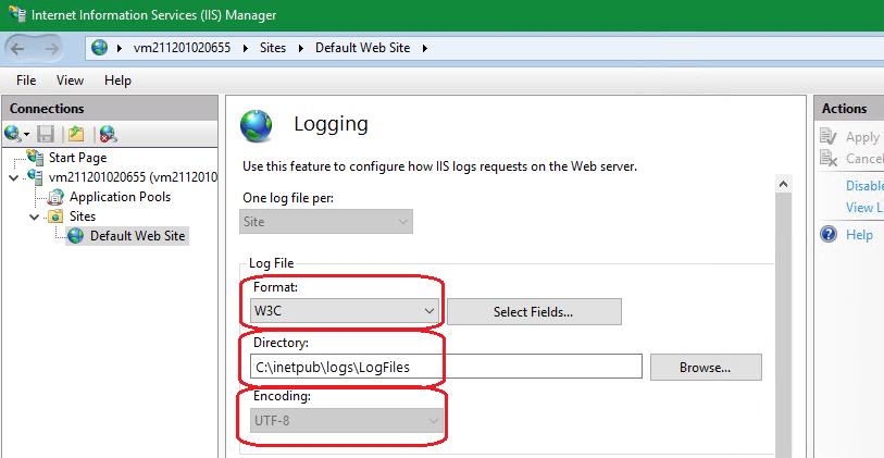 Screenshot della finestra di dialogo di configurazione della registrazione IIS nel computer agente.