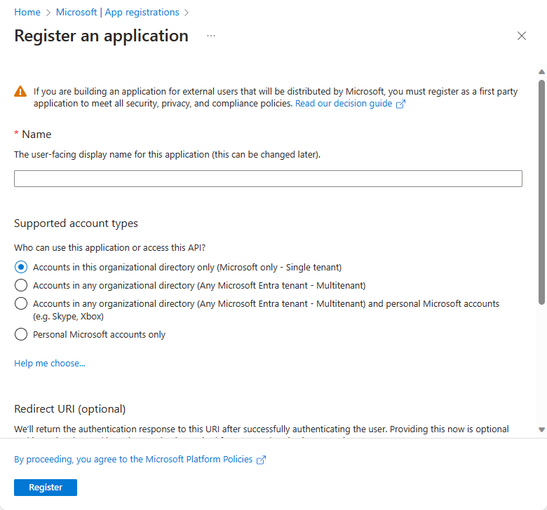 Screenshot che mostra la pagina Registrare un'applicazione.