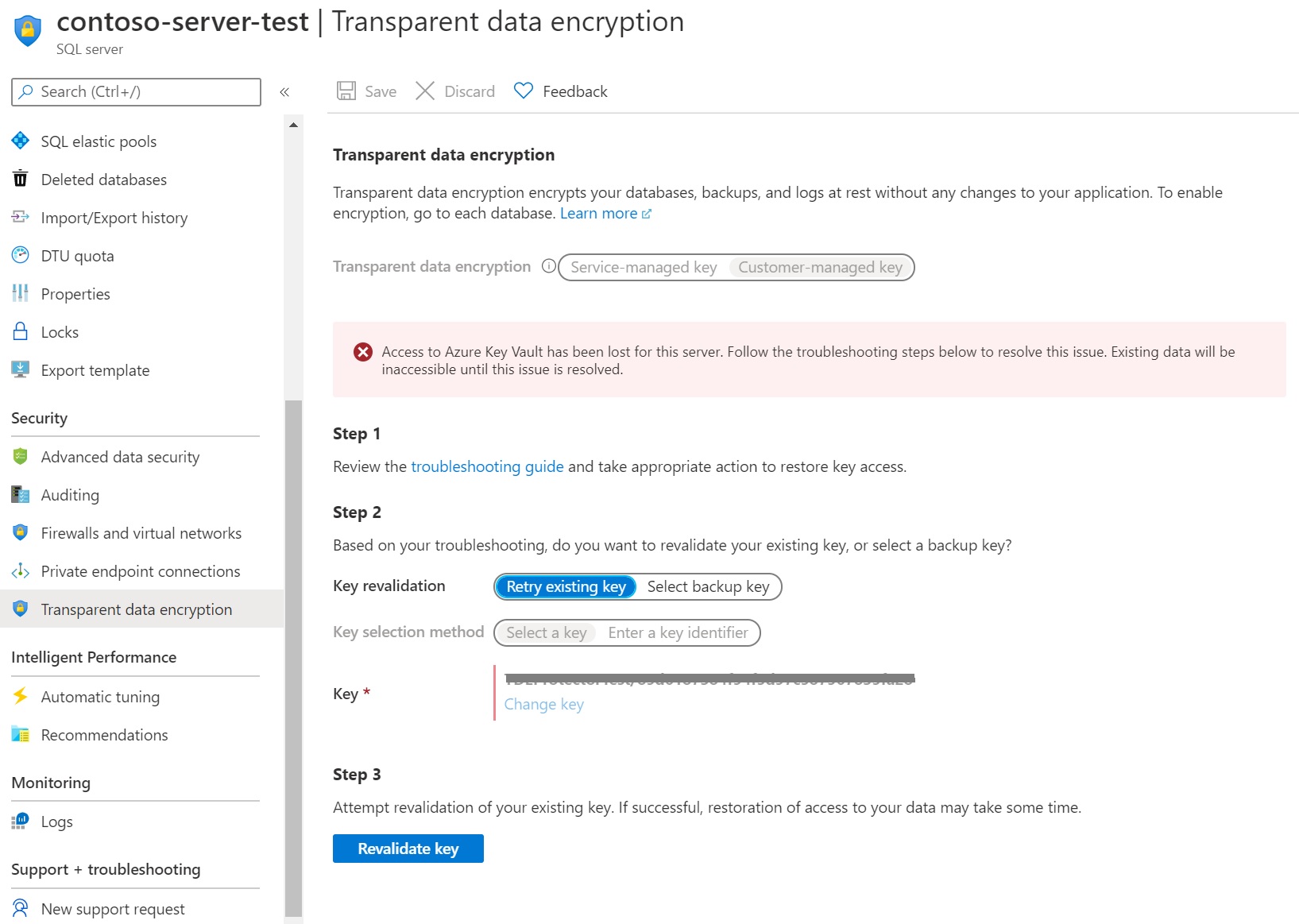 Screenshot di un database inaccessibile TDE BYOK.