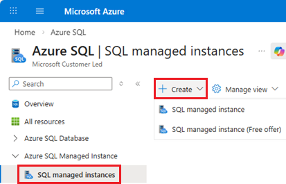 Screenshot della pagina delle Istanze SQL gestite dalla pagina hub di Azure SQL nel portale di Azure, che mostra il pulsante +Crea.
