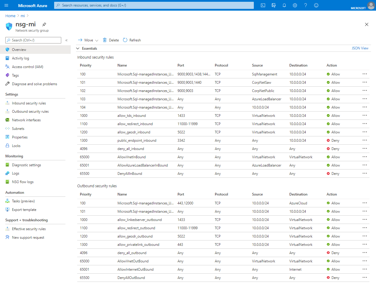 Screenshot delle regole di sicurezza per la tua istanza nel portale di Azure.