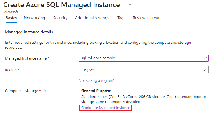 Screenshot della pagina per creare un'istanza gestita di Azure SQL con la configurazione dell'istanza gestita selezionata.