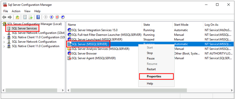 Screenshot che mostra SQL Server Configuration Manager, con selezioni per l'apertura delle proprietà del servizio.