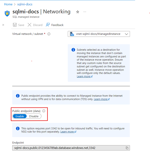 Lo screenshot mostra la pagina della rete virtuale di SQL Istanza gestita con l'endpoint pubblico abilitato.