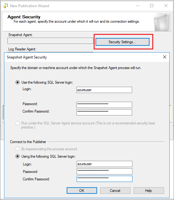 Screenshot che illustra come configurare Snapshot Agent security.