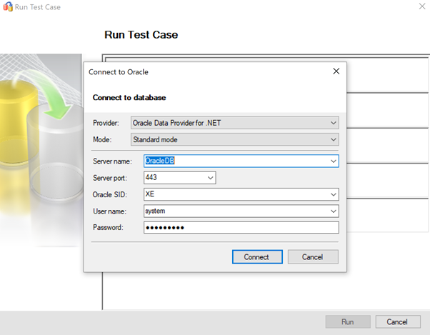 Screenshot che mostra il passaggio per connettersi all'origine Oracle.