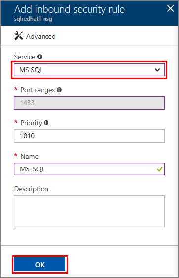 Screenshot della regola del gruppo di sicurezza MS SQL.