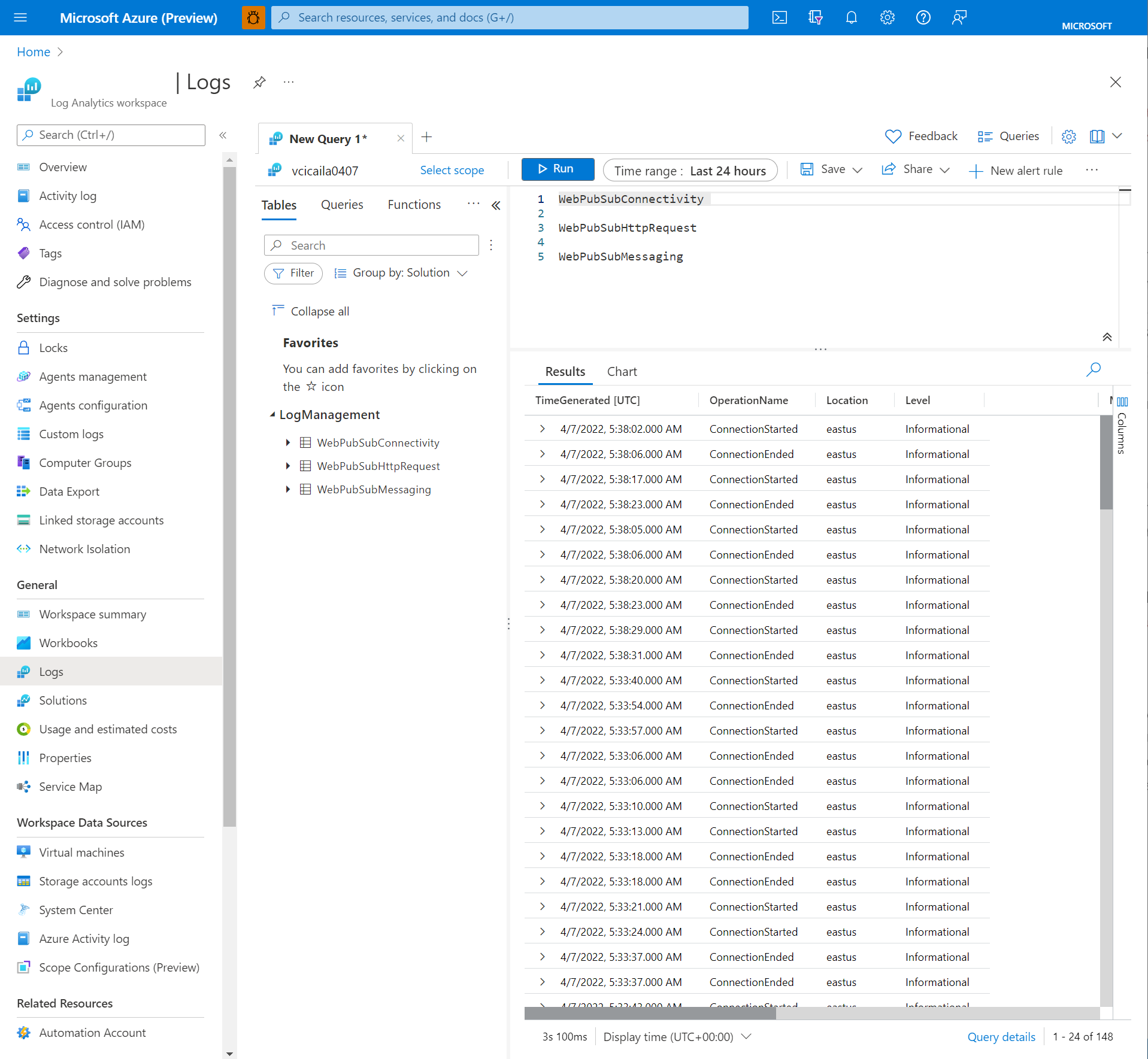 Screenshot che mostra il log delle query in Log Analytics.