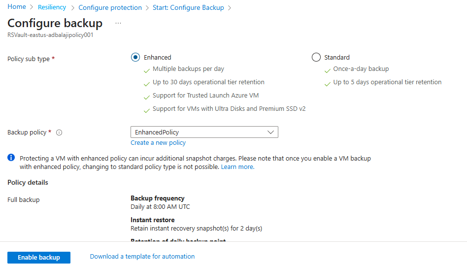 Screenshot che mostra le opzioni e i dettagli per una politica di backup.