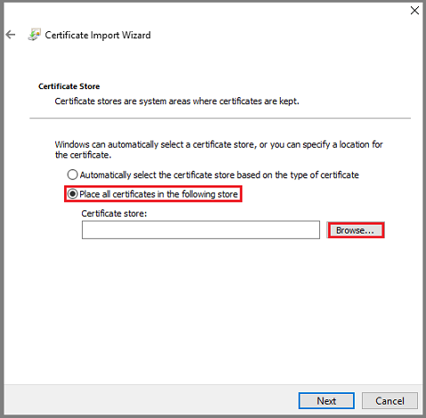 Screenshot che mostra come scegliere l'archiviazione dei certificati.