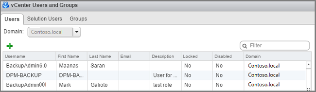 Screenshot che mostra il riquadro Utenti e gruppi di vCenter.
