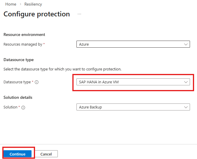 Screenshot che mostra la selezione di SAP HANA nella macchina virtuale di Azure come tipo di origine dati.