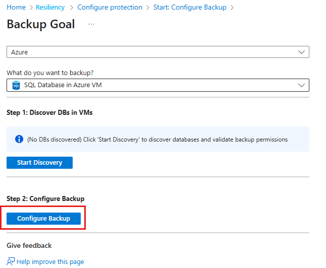 Screenshot che mostra la selezione di Configurare backup.