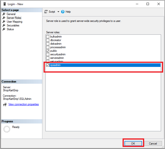Assicurarsi che sia selezionato il ruolo del server sysadmin