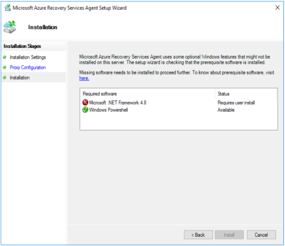 Screenshot che mostra i prerequisiti necessari per configurare l'agente MARS.