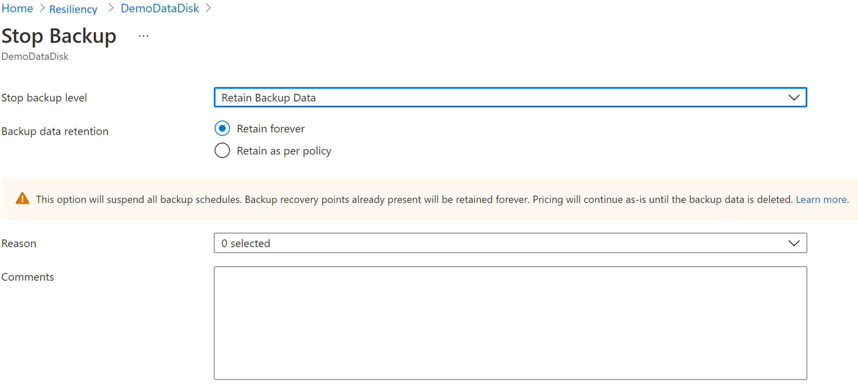 Screenshot che mostra le opzioni per arrestare la protezione dell'istanza di backup.