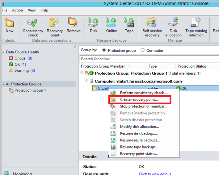 Screenshot che mostra come usare Backup now per DPM e MABS.
