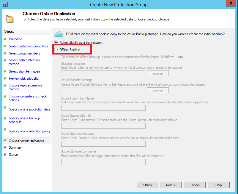 Screenshot che mostra la pagina di importazione di DPM e Backup di Azure Server.