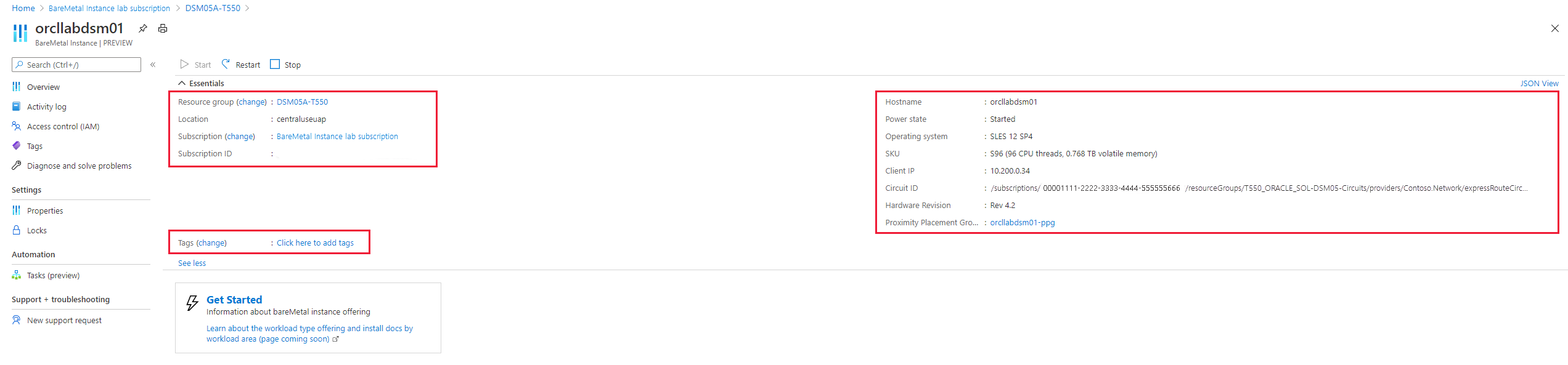 Screenshot degli attributi di Istanze Large di Azure di una singola istanza.