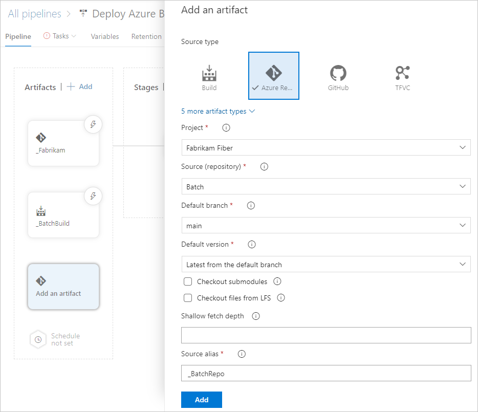 Schermata che mostra un collegamento a un artefatto nel repository di Azure Repos.
