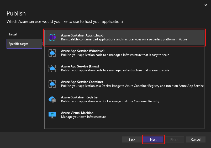 Una schermata che mostra Container Apps selezionato.