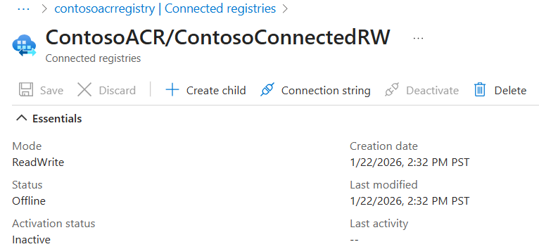 Screenshot di un registro connesso che mostra lo stato della connessione e altre proprietà.