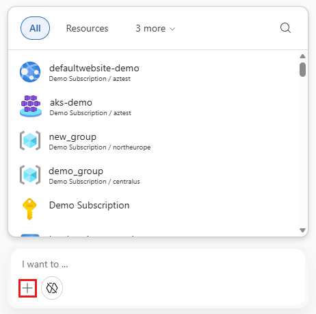 Screenshot che mostra l'opzione per aggiungere entità a una chat di Azure Copilot.