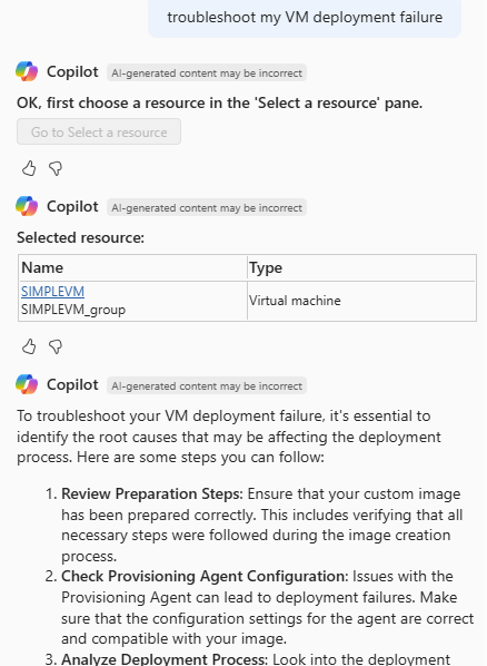 Screenshot di Azure Copilot che risponde a una richiesta per risolvere l'errore di distribuzione della macchina virtuale.