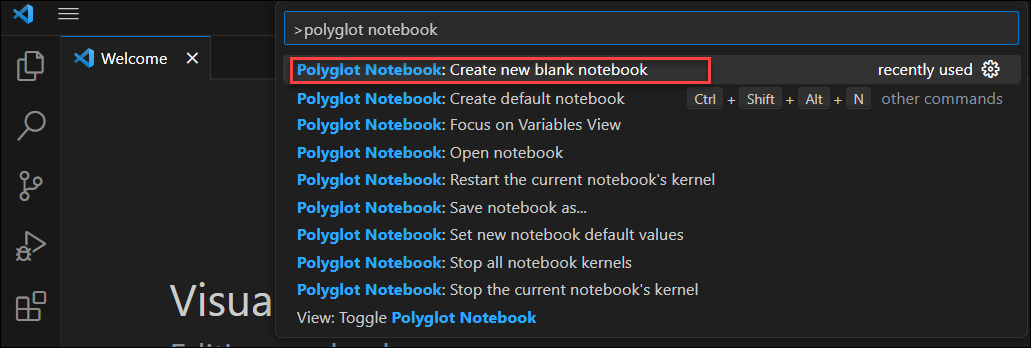 Screenshot del comando Crea nuovo notebook Polyglot in Visual Studio Code.