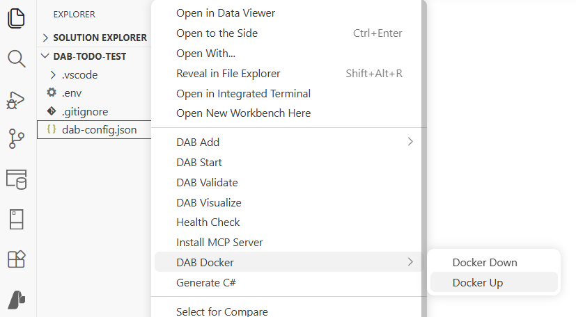 Screenshot dell'estensione Docker DAB che mostra i comandi in Visual Studio Code.